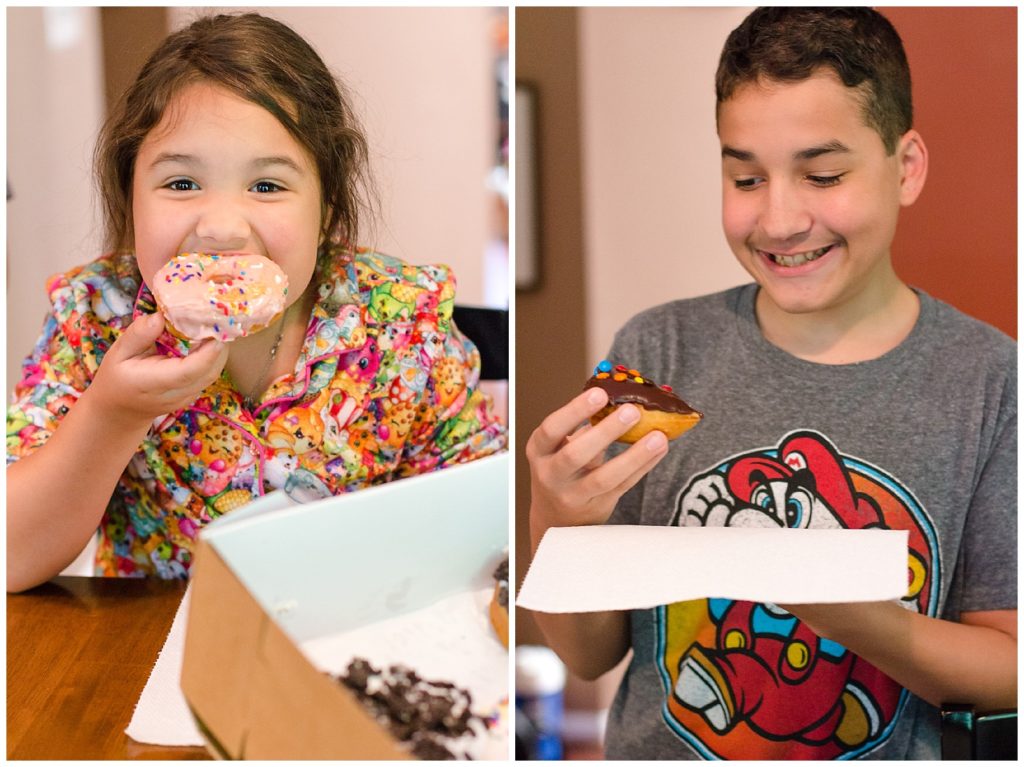 kids enjoying birthday breakfast of donuts