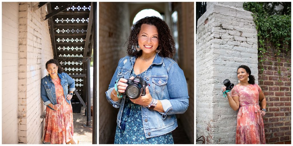 three images of a female photographer holding canon camera.